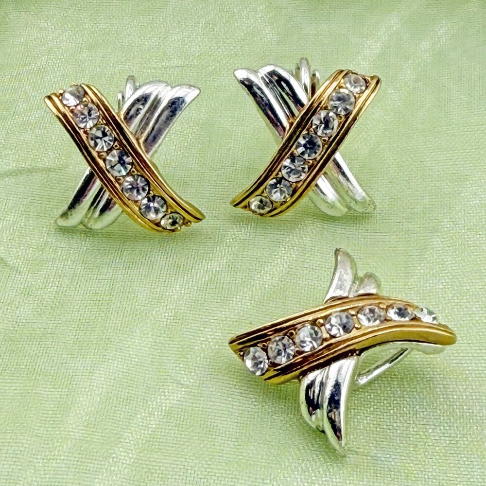 Vintage Avon Two-Tone X Rhinestone Clip Earrings & Pendant